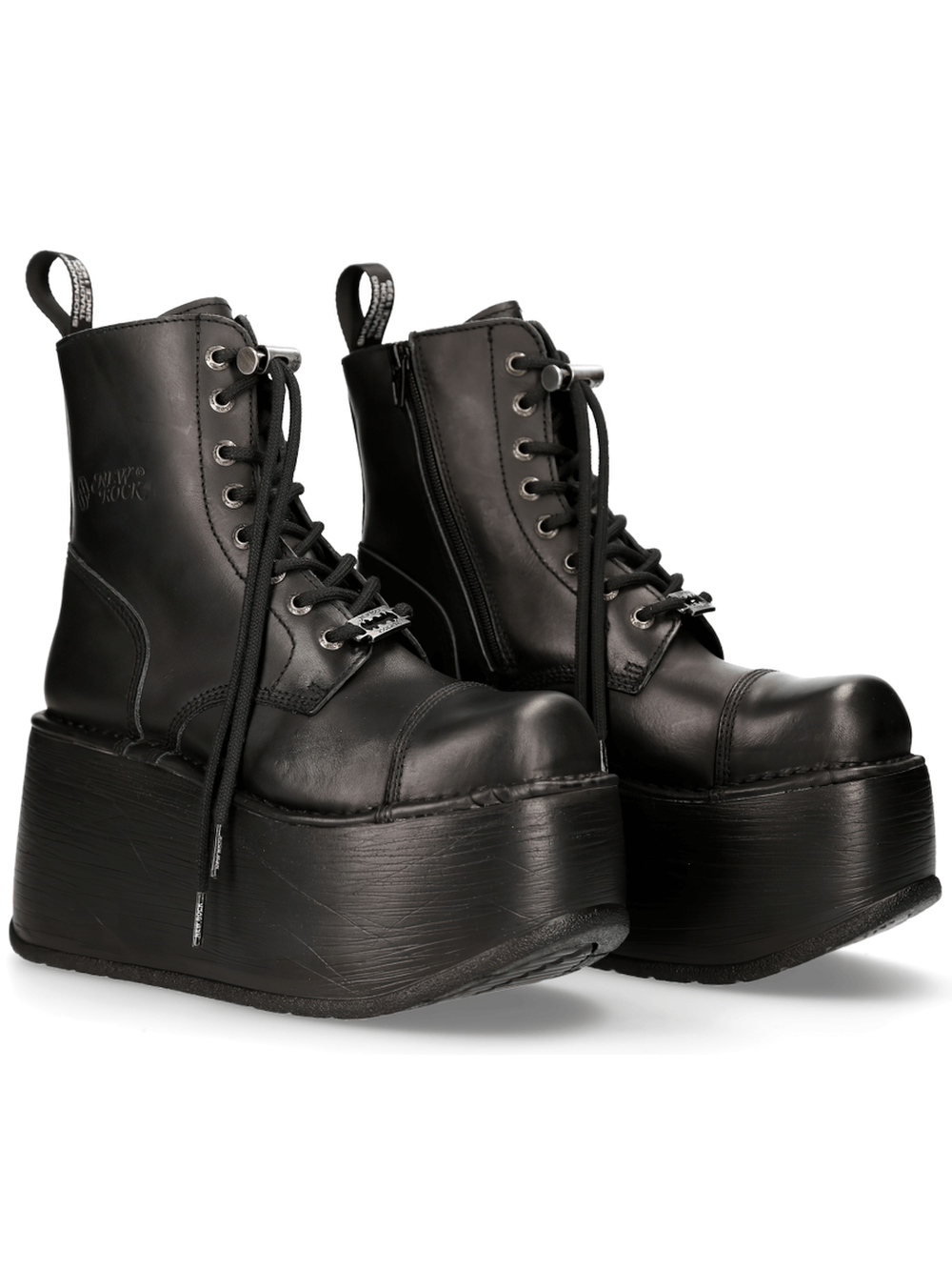 NEW ROCK black chunky platform ankle boots with military punk style and lace-up closure.