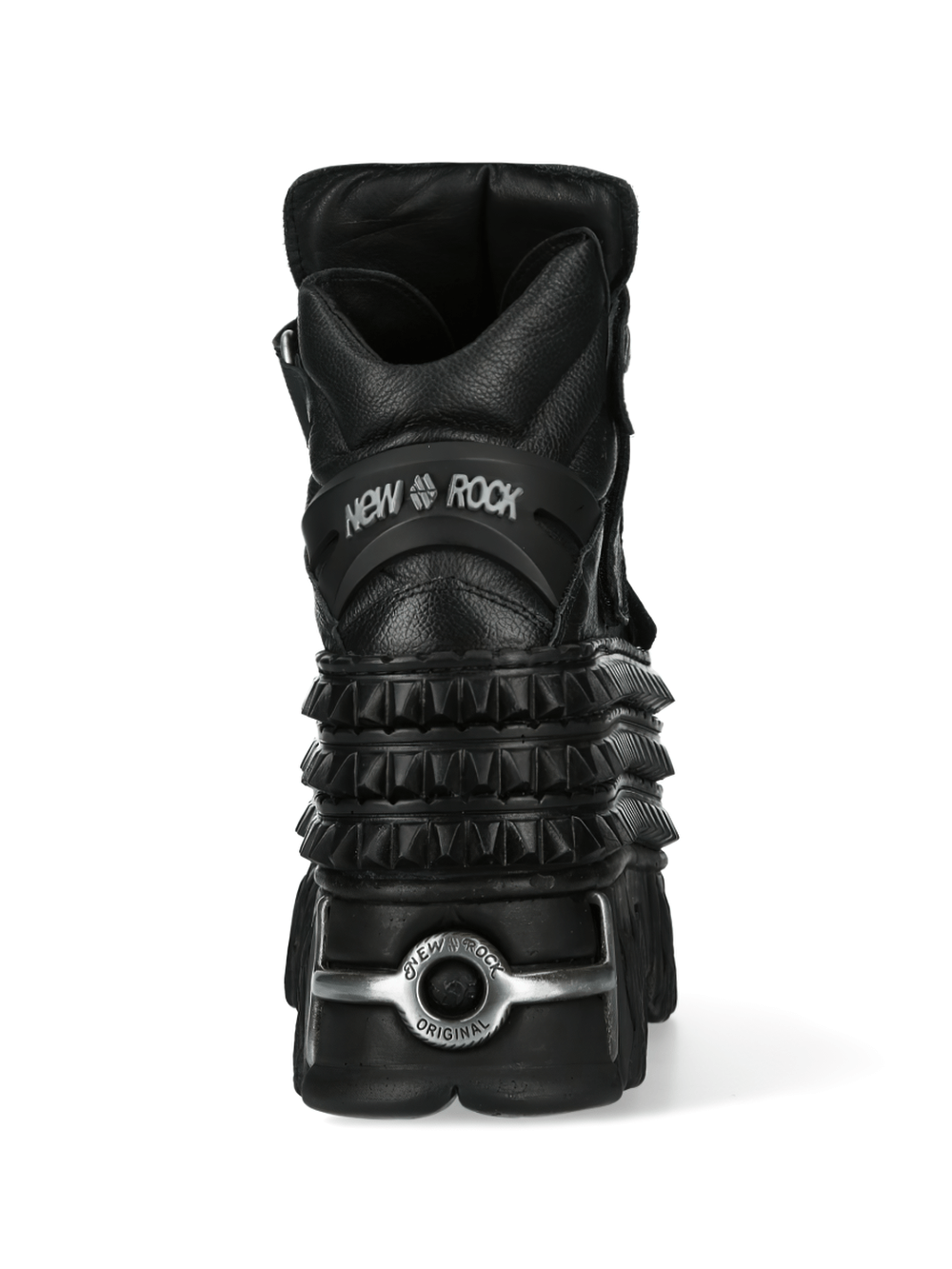 Back view of NEW ROCK Platform Ankle Boots with metal details, velcro clasp, and textured sole in black leather.