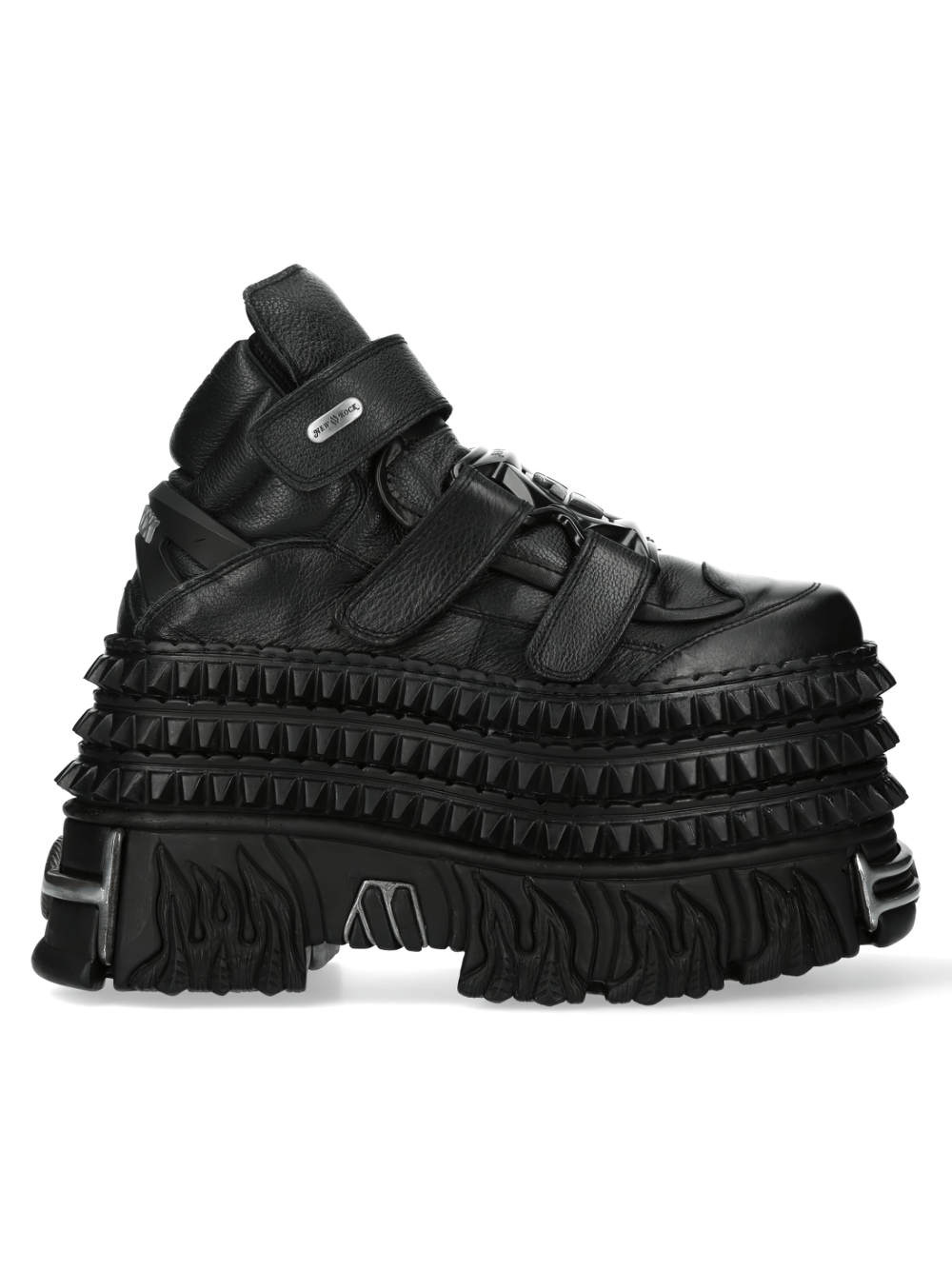 NEW ROCK edgy black ankle boots with velcro straps and textured spiked sole, perfect for urban rock style.