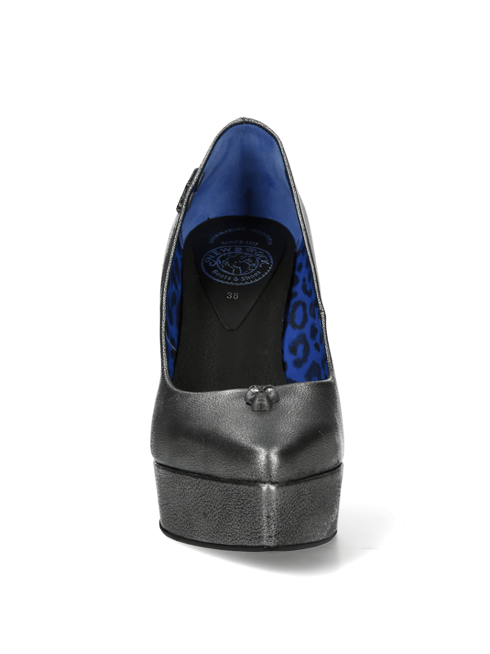 Stylish black platform block heel pumps with a bold blue leopard print lining, showcasing urban elegance.