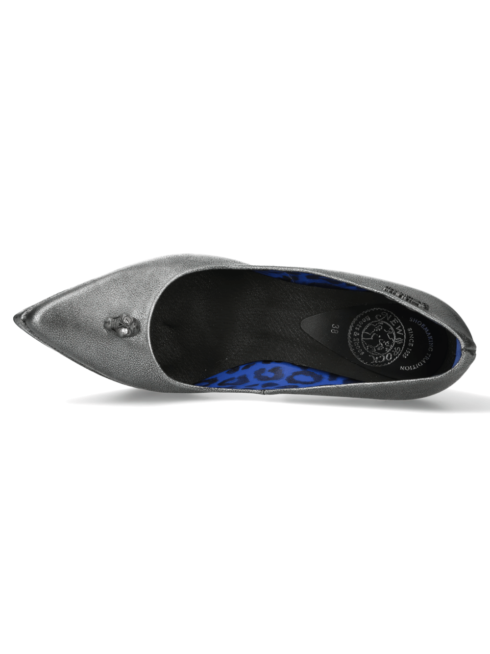 Elegant silver platform block heel pump with pointed toe and bold blue leopard lining. Perfect for stylish evening events.