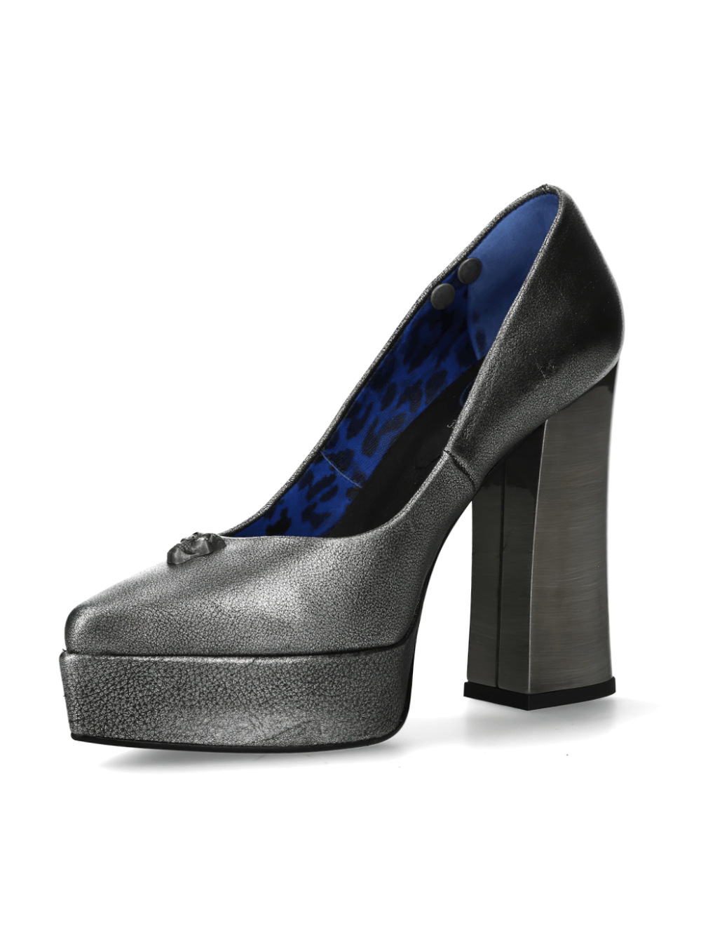 Stylish NEW ROCK silver platform block heel pump with pointed toe and bold urban design, perfect for evening events.