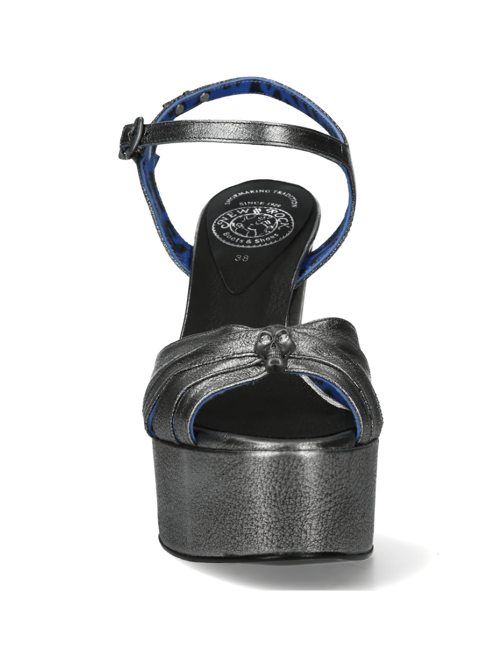 Front view of NEW ROCK Platform Block Heel Sandals in sleek gray with ankle strap, perfect for stylish urban looks.