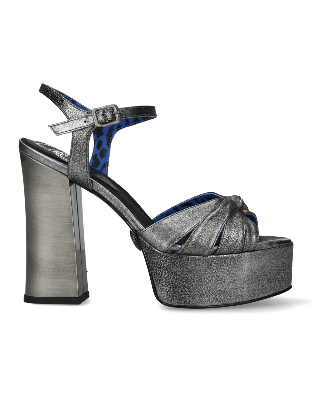 Stylish gray platform block heel sandals with ankle strap, featuring blue leopard print interior for a bold look.