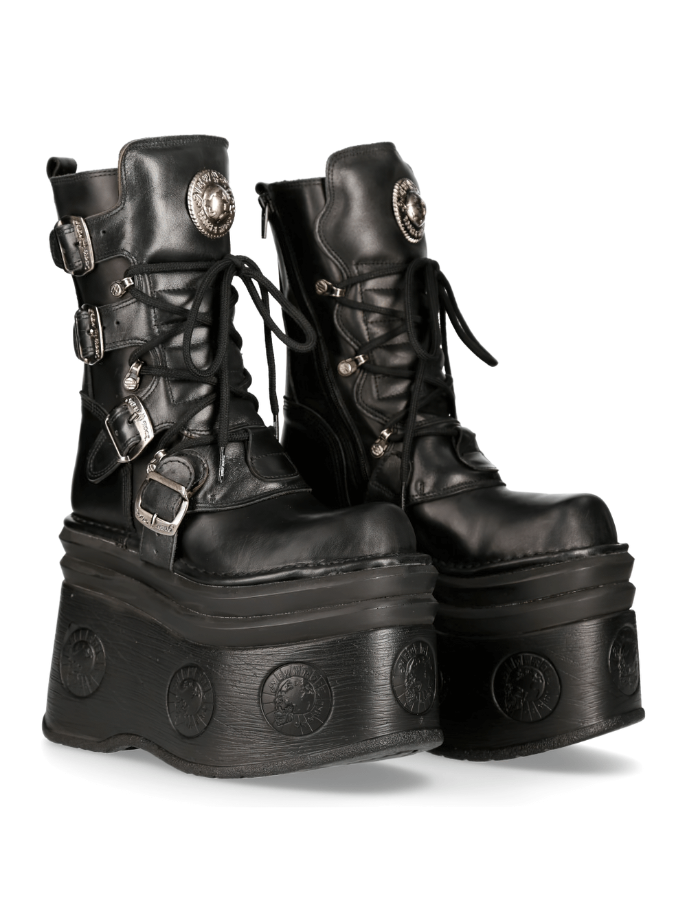 Gothic black platform boots with buckles and lace-up design, featuring a bold 4.33-inch heel and edgy details.