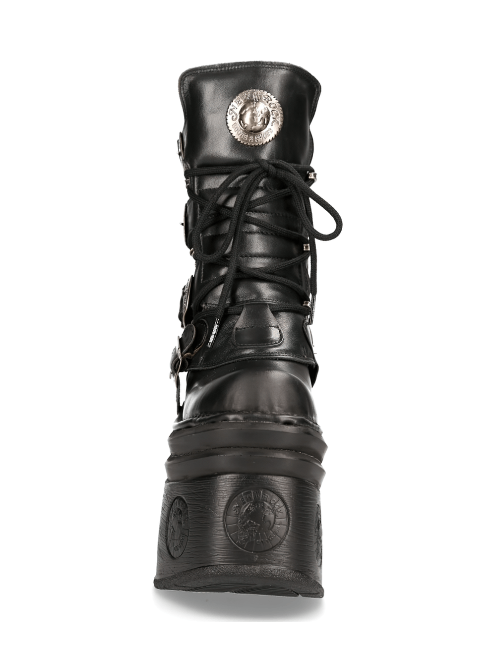 Front view of NEW ROCK black platform boots with buckles and lace-up design, featuring a tall heel and edgy details.