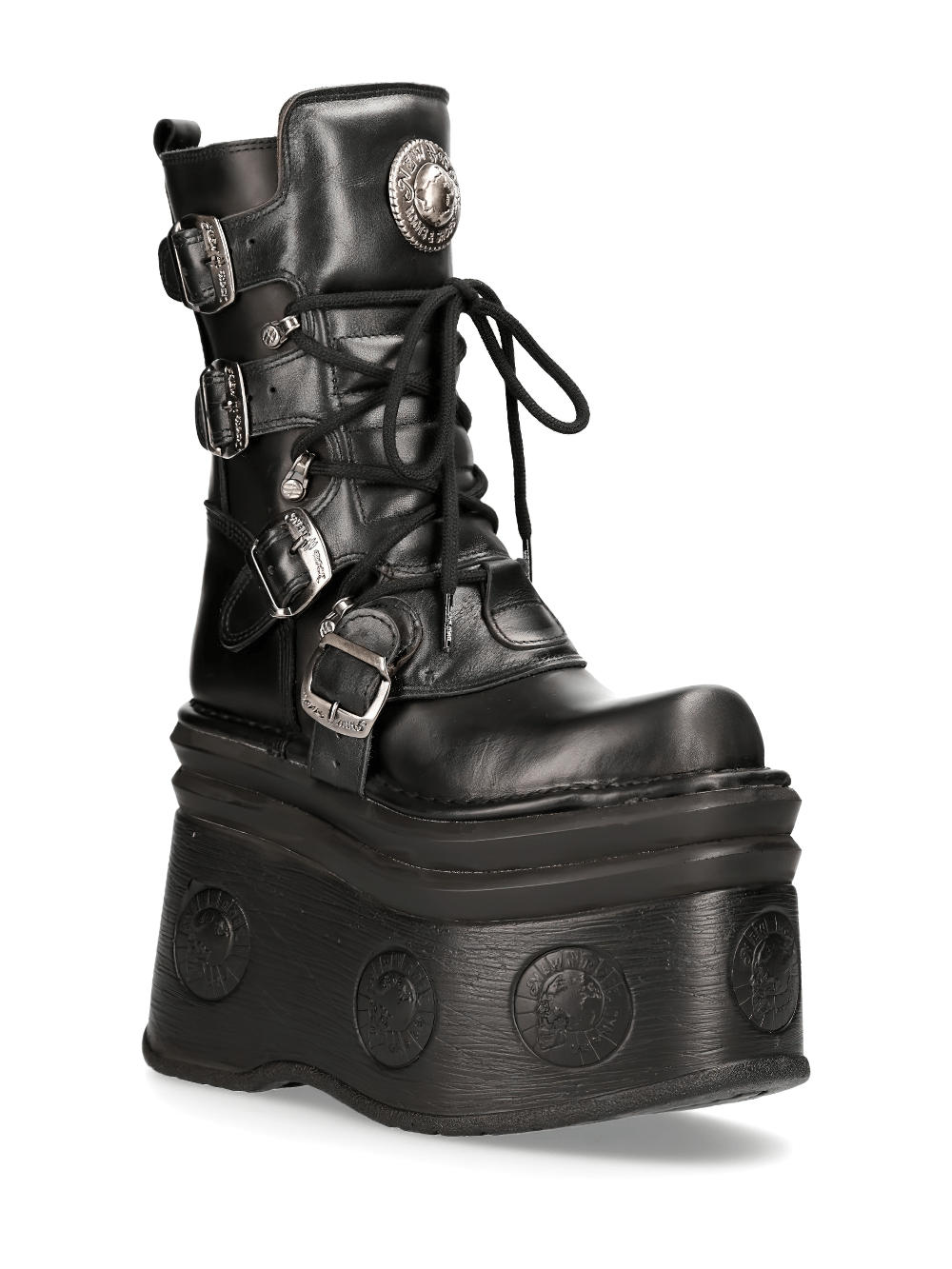 NEW ROCK black platform boots with buckles and lace-up design, featuring a bold Gothic style and dramatic height.