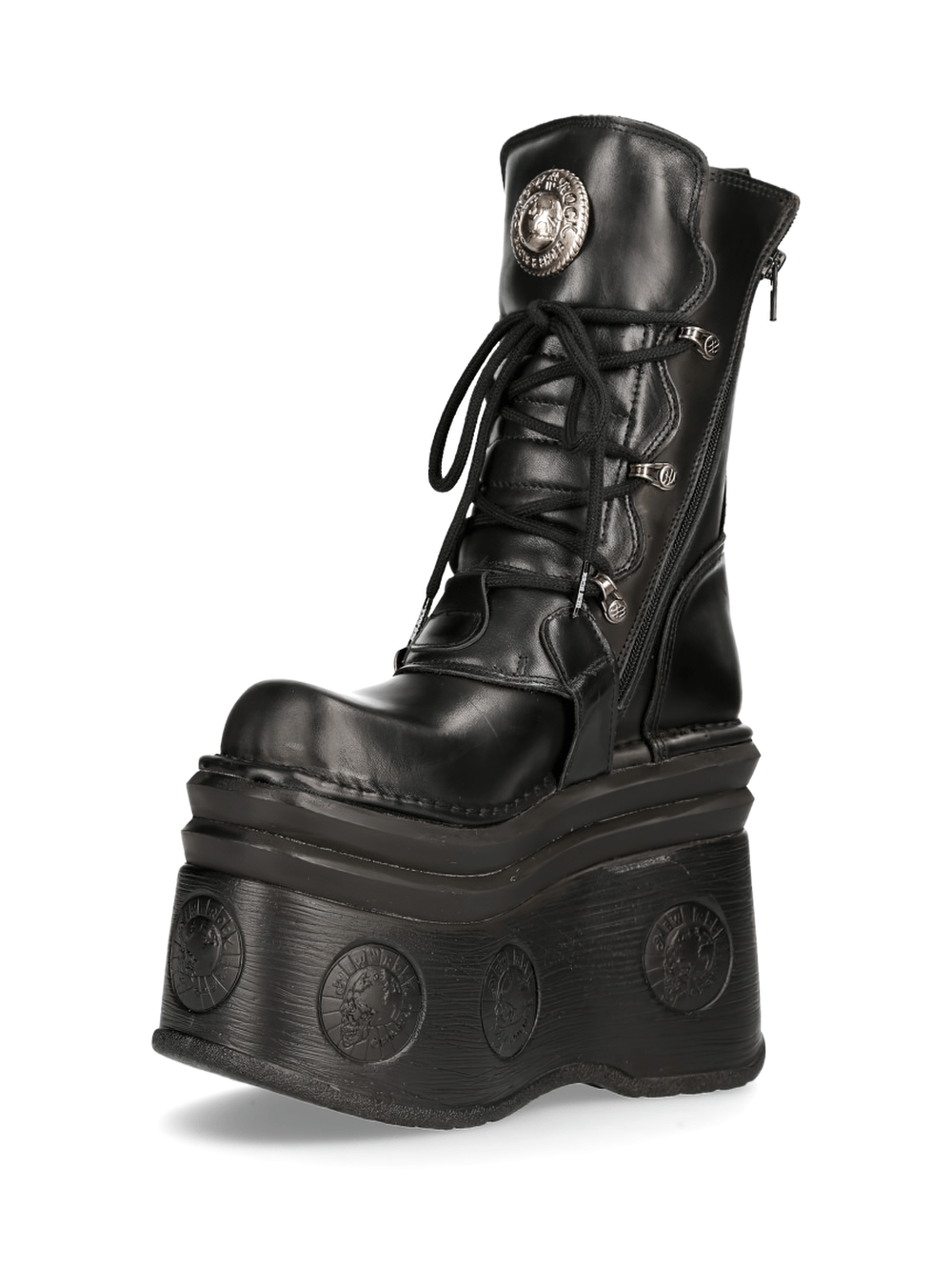 NEW ROCK black platform boots with buckle and lace-up design, showcasing edgy Gothic and Cyber fashion.