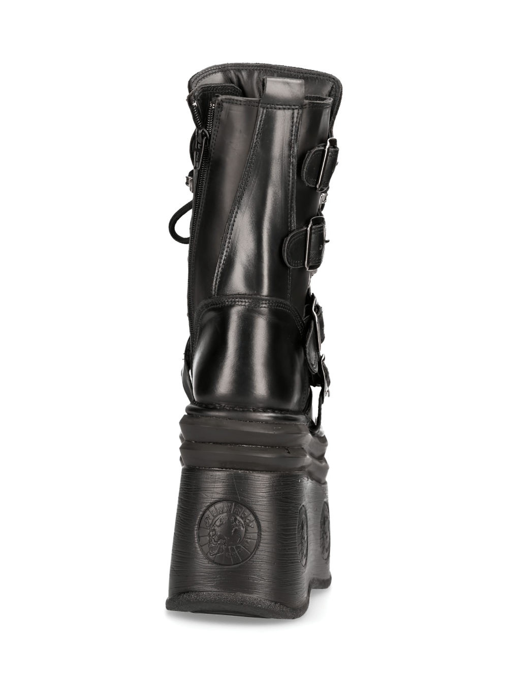 Back view of NEW ROCK black platform boots with buckles and lace-up design, showcasing the bold Gothic style.