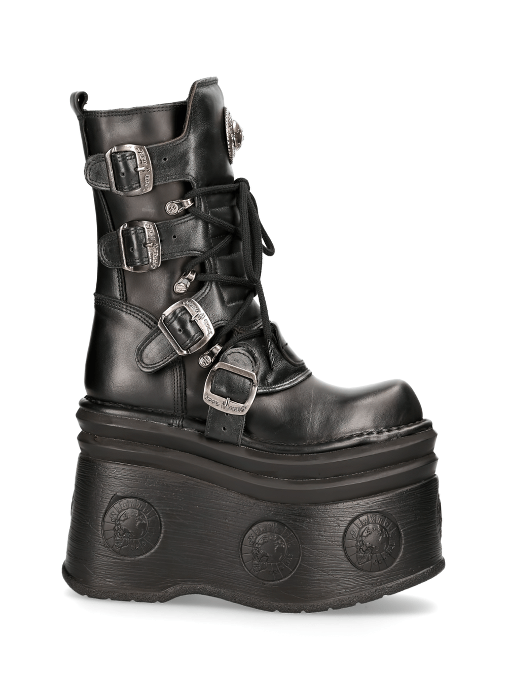 NEW ROCK Black Platform Boots with bold buckles and lace-up design for Gothic and Cyber fashion.