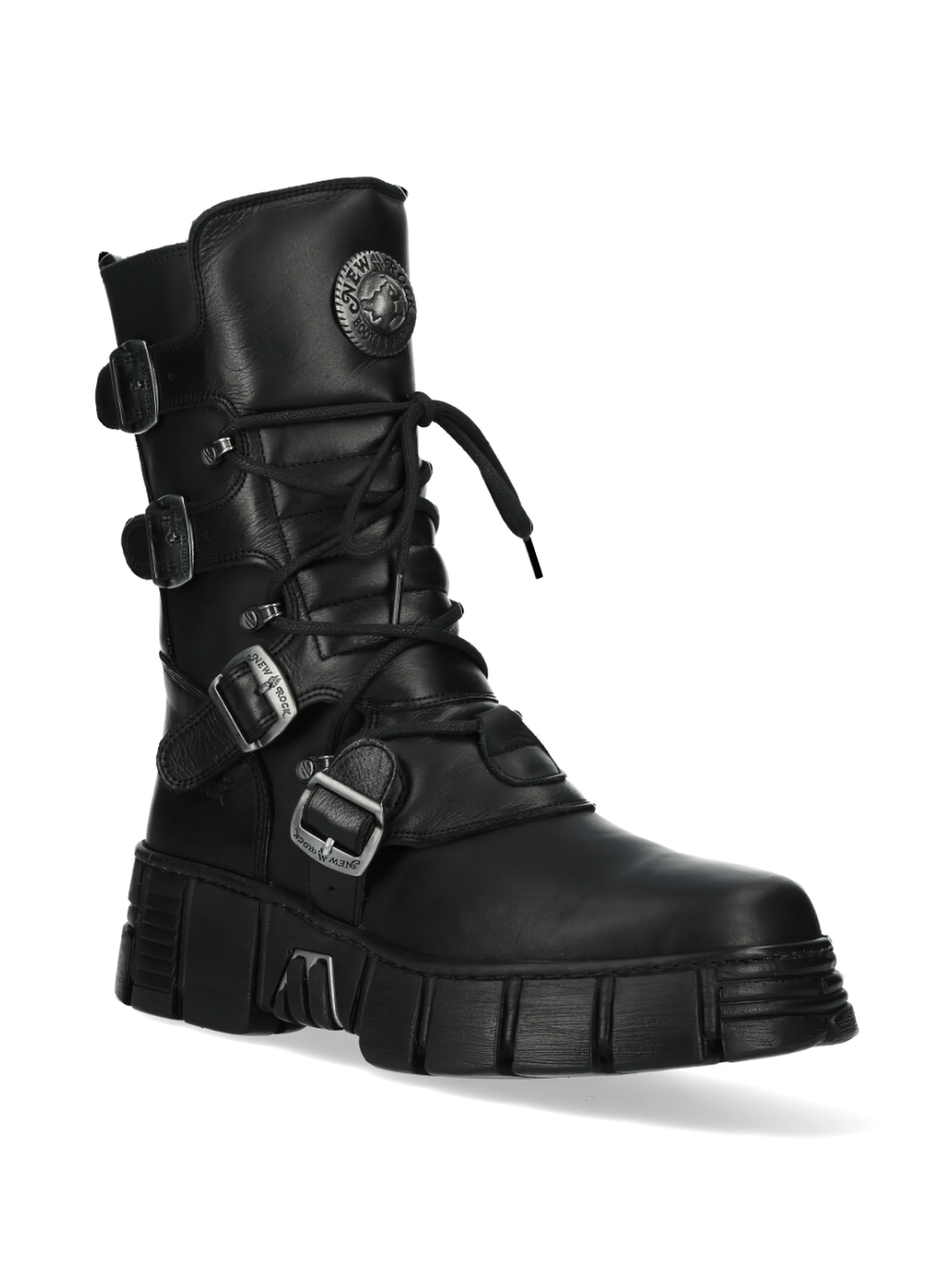 NEW ROCK Platform Boots with Buckles and Metallic Emblem