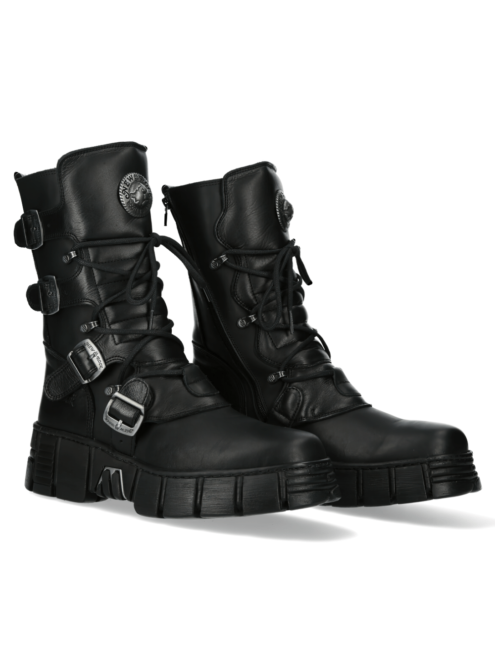 NEW ROCK Platform Boots with Buckles and Metallic Emblem