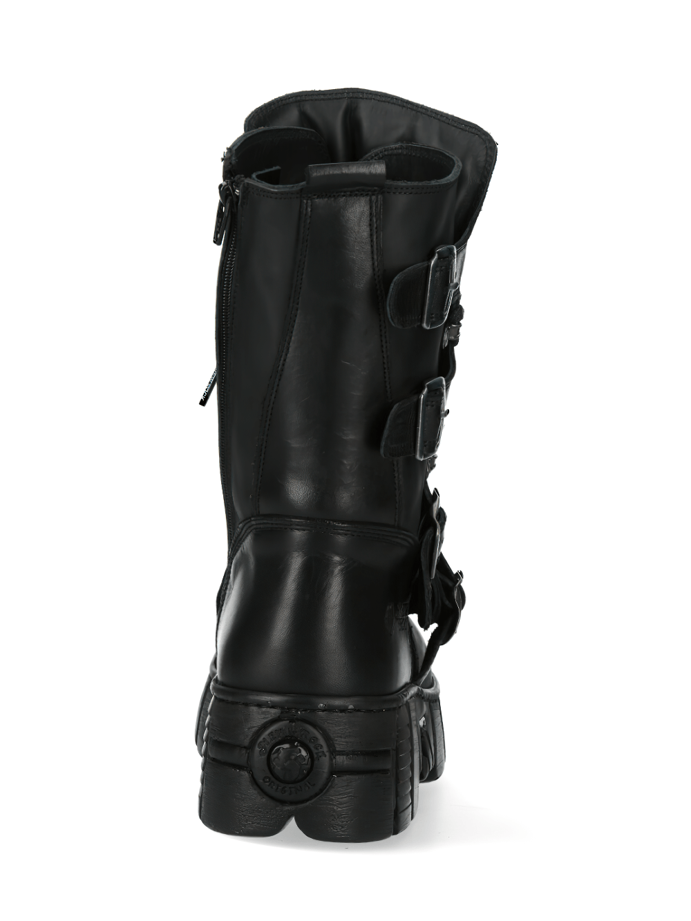 Back view of NEW ROCK black platform ankle boots with buckles, perfect for gothic fashion and edgy style.