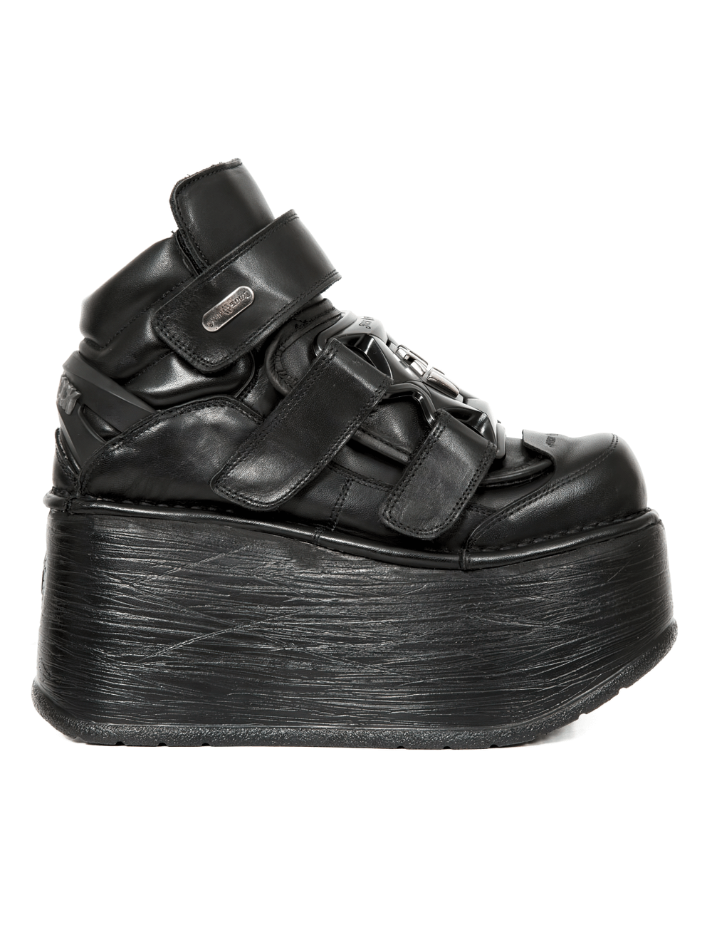 Stylish NEW ROCK Gothic ankle boots in black leather with velcro closure and bold 9 cm platform heels.