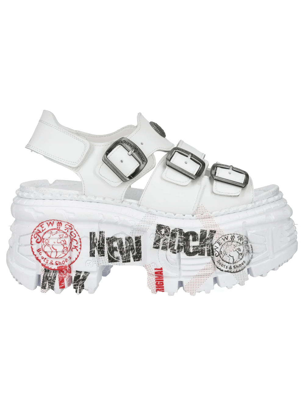 Alt Tag: NEW ROCK Platform Sandals with Buckles and Sculptural Sole white punk platform sandal with metal buckles and sculptural tread