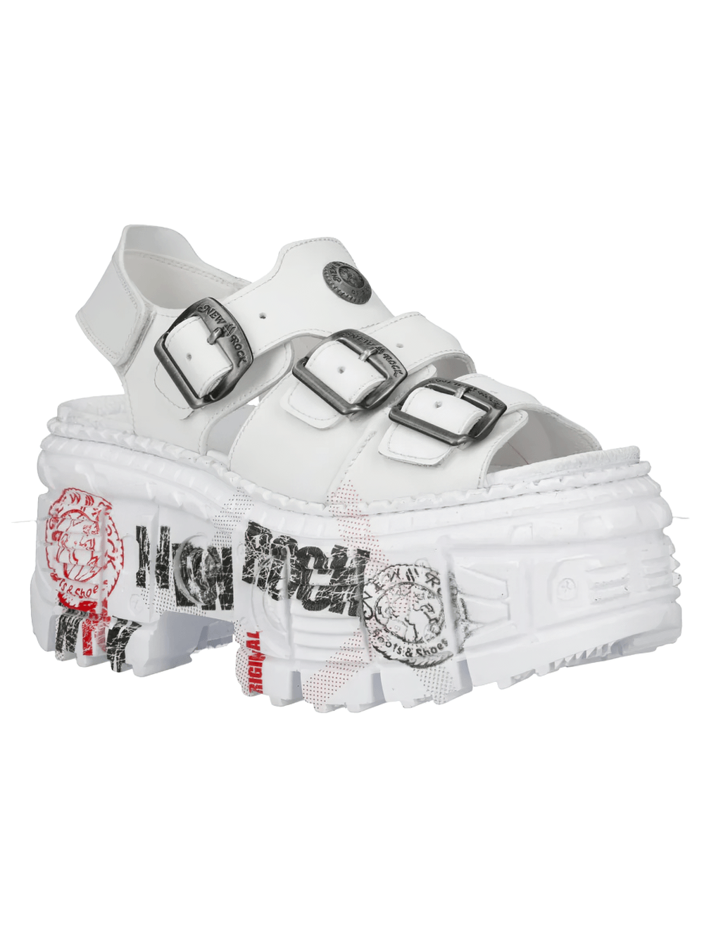 NEW ROCK Platform Sandals with Buckles and Sculptural Sole in white, chunky gothic platform with metal straps and raised tread sole