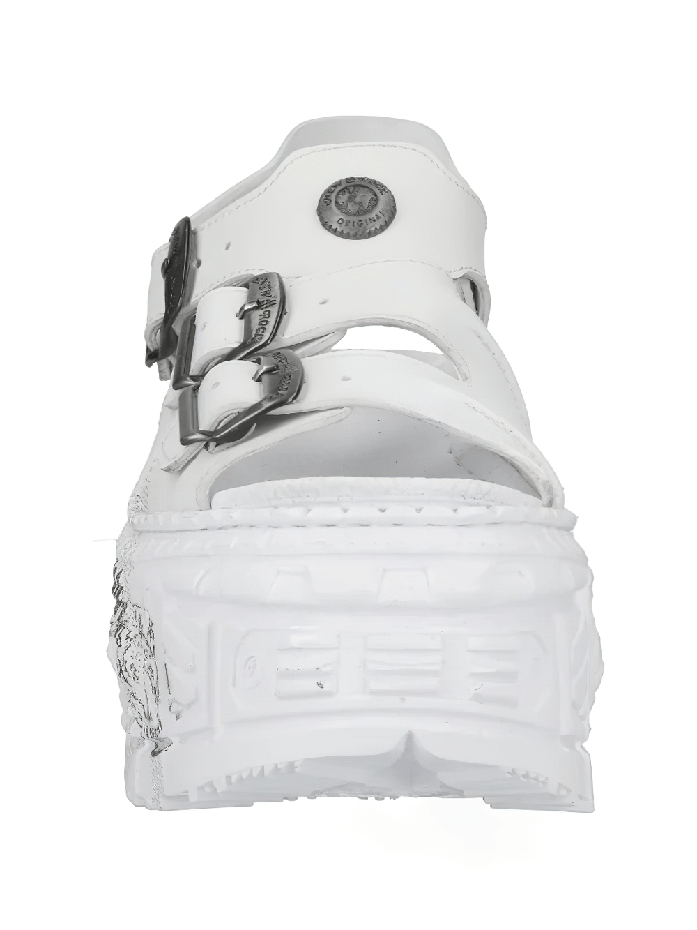 Alt Tag: NEW ROCK Platform Sandals with Buckles and Sculptural Sole white punk platform sandal front view with metal buckles
