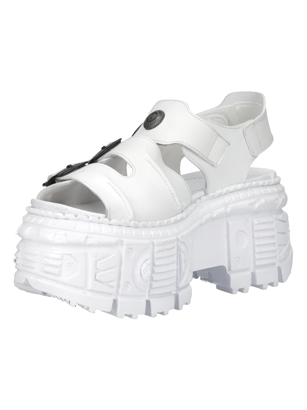 Alt Tag: NEW ROCK Platform Sandals with Buckles and Sculptural Sole white punk platform sandal with straps, metal buckles, sculpted tread