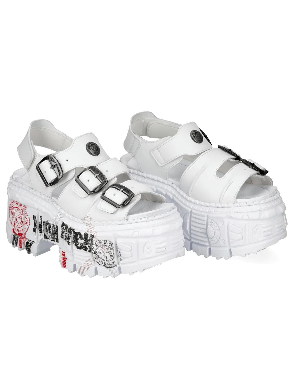 Alt Tag: NEW ROCK Platform Sandals with Buckles and Sculptural Sole white punk platform sandals with metal buckles and chunky tread