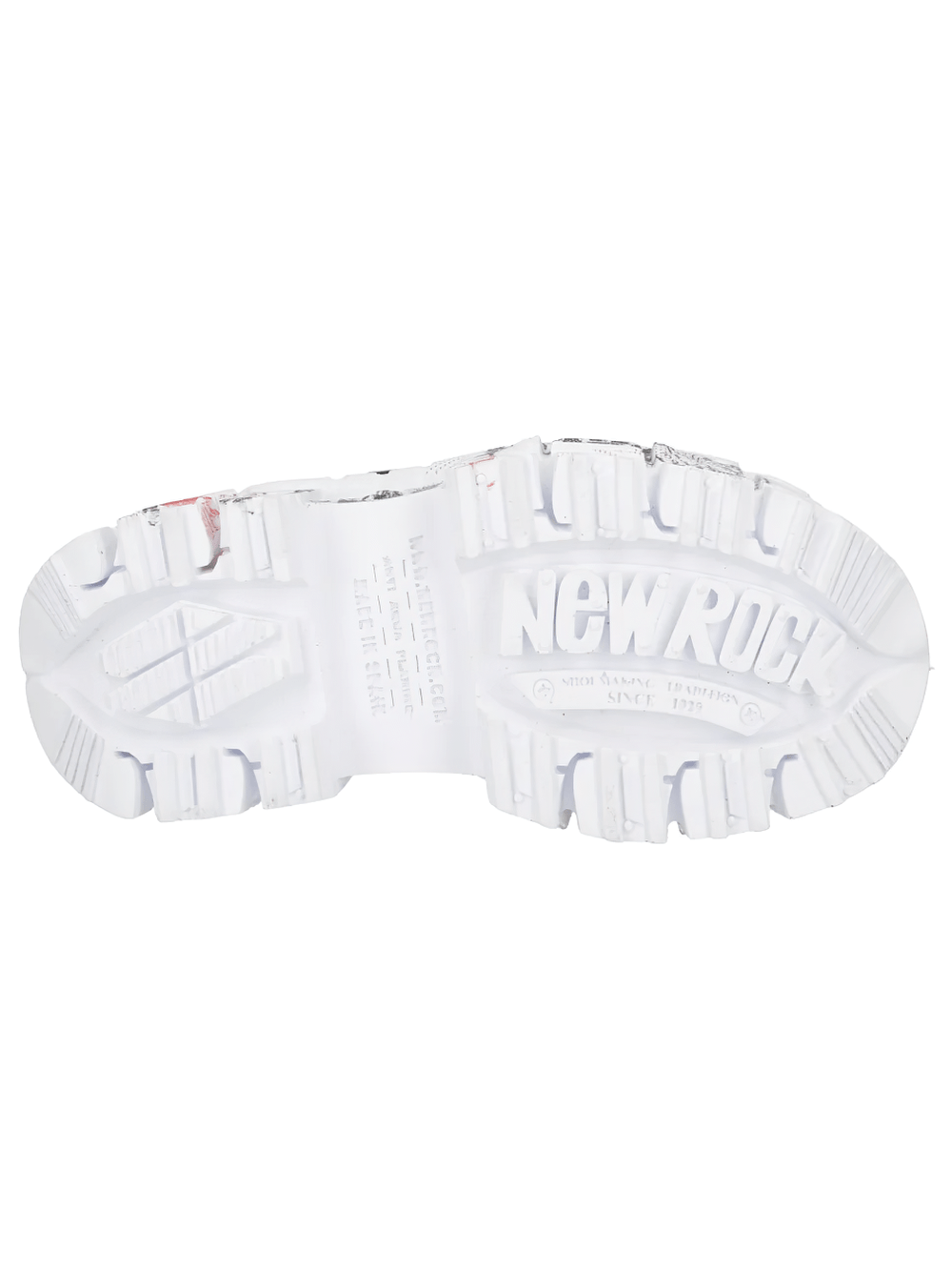 Alt Tag: NEW ROCK Platform Sandals with Buckles and Sculptural Sole white raised tread sole bottom view with NEW ROCK logo