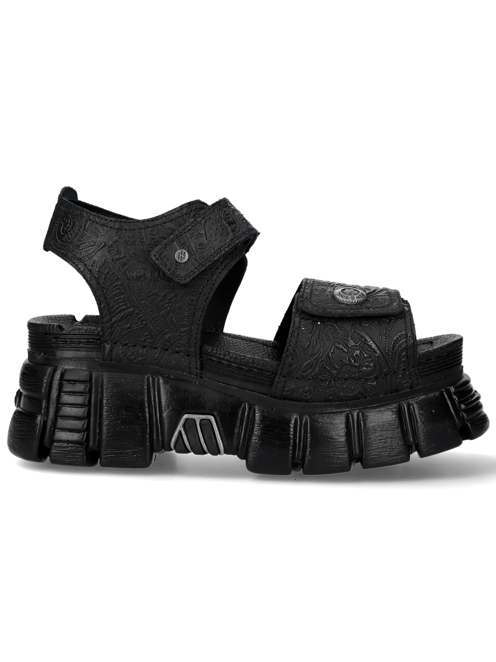 Alt Tag: NEW ROCK Platform Sandals with Embossed Punk Strap Style black embossed strap chunky tread platform sandals side view