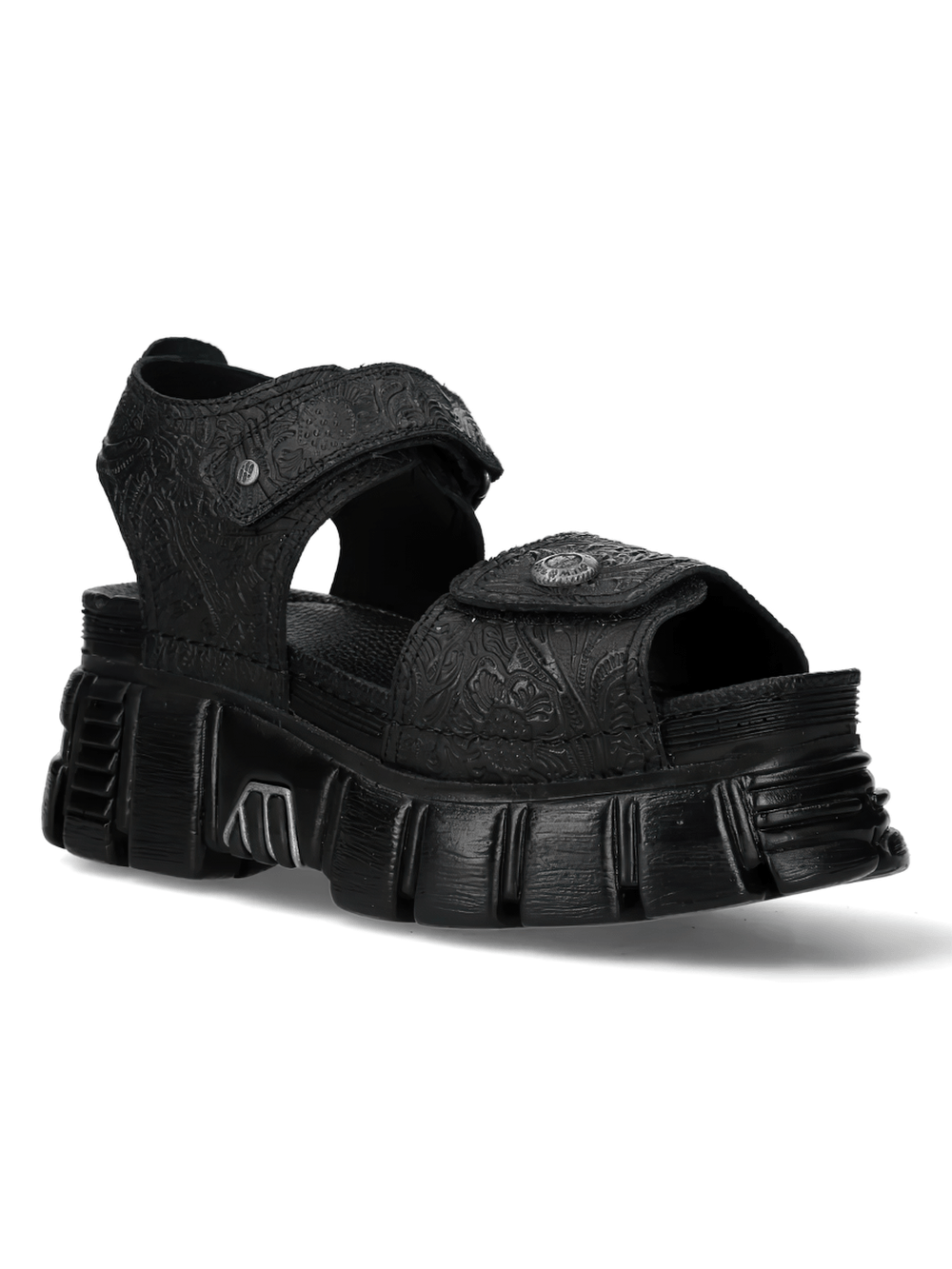 Alt Tag: NEW ROCK Platform Sandals with Embossed Punk Strap Style black chunky gothic platform sandals with embossed straps and oversized tread sole