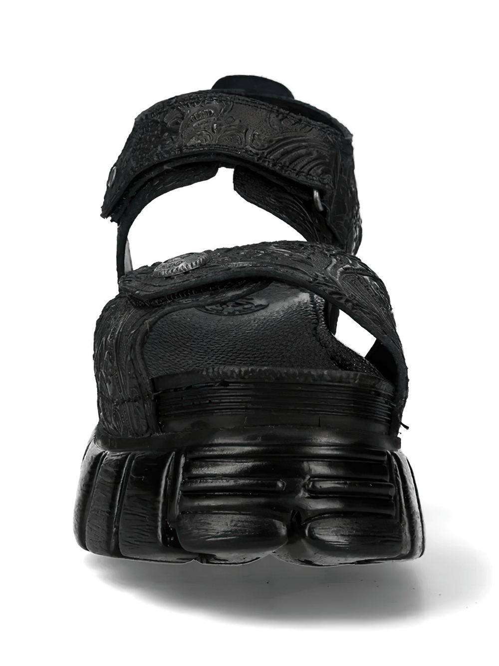Alt Tag: NEW ROCK Platform Sandals with Embossed Punk Strap Style black embossed strap platform sandal, chunky tread sole rear view