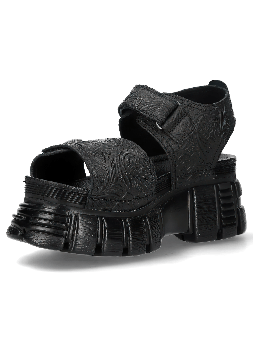 Alt Tag: NEW ROCK Platform Sandals with Embossed Punk Strap Style black embossed straps chunky oversized tread platform sole