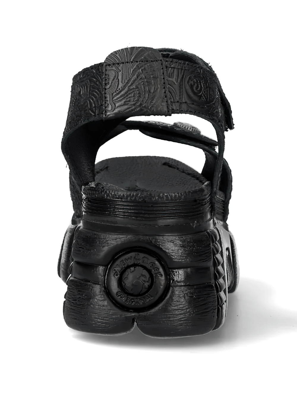 Alt Tag: NEW ROCK Platform Sandals with Embossed Punk Strap Style black embossed strap sandal, rear view, chunky tread platform sole