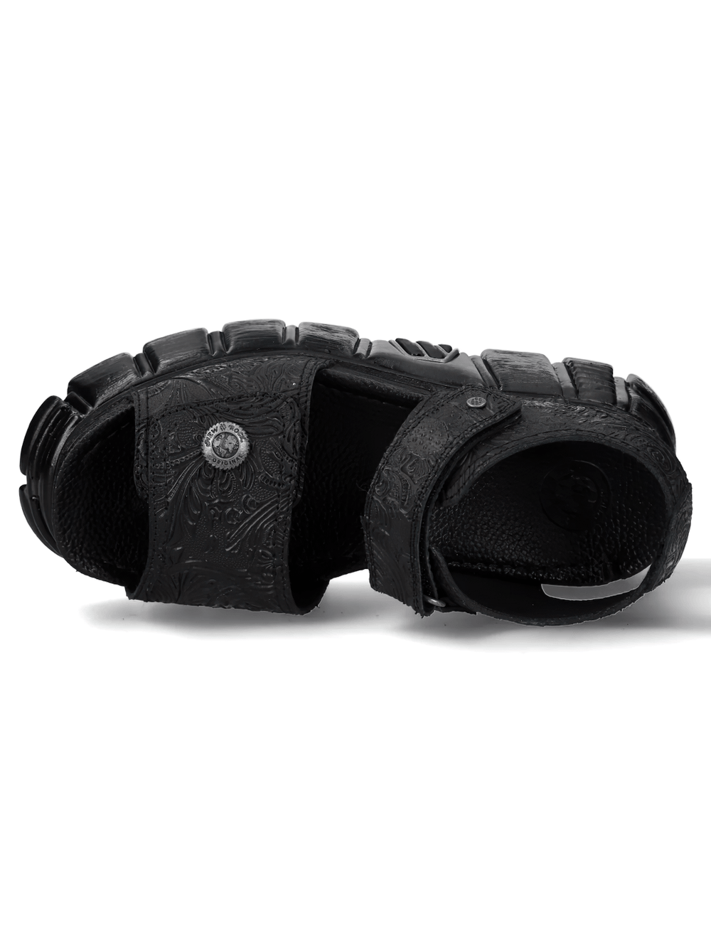 Alt Tag: NEW ROCK Platform Sandals with Embossed Punk Strap Style black chunky platform sandals with embossed straps and oversized tread sole