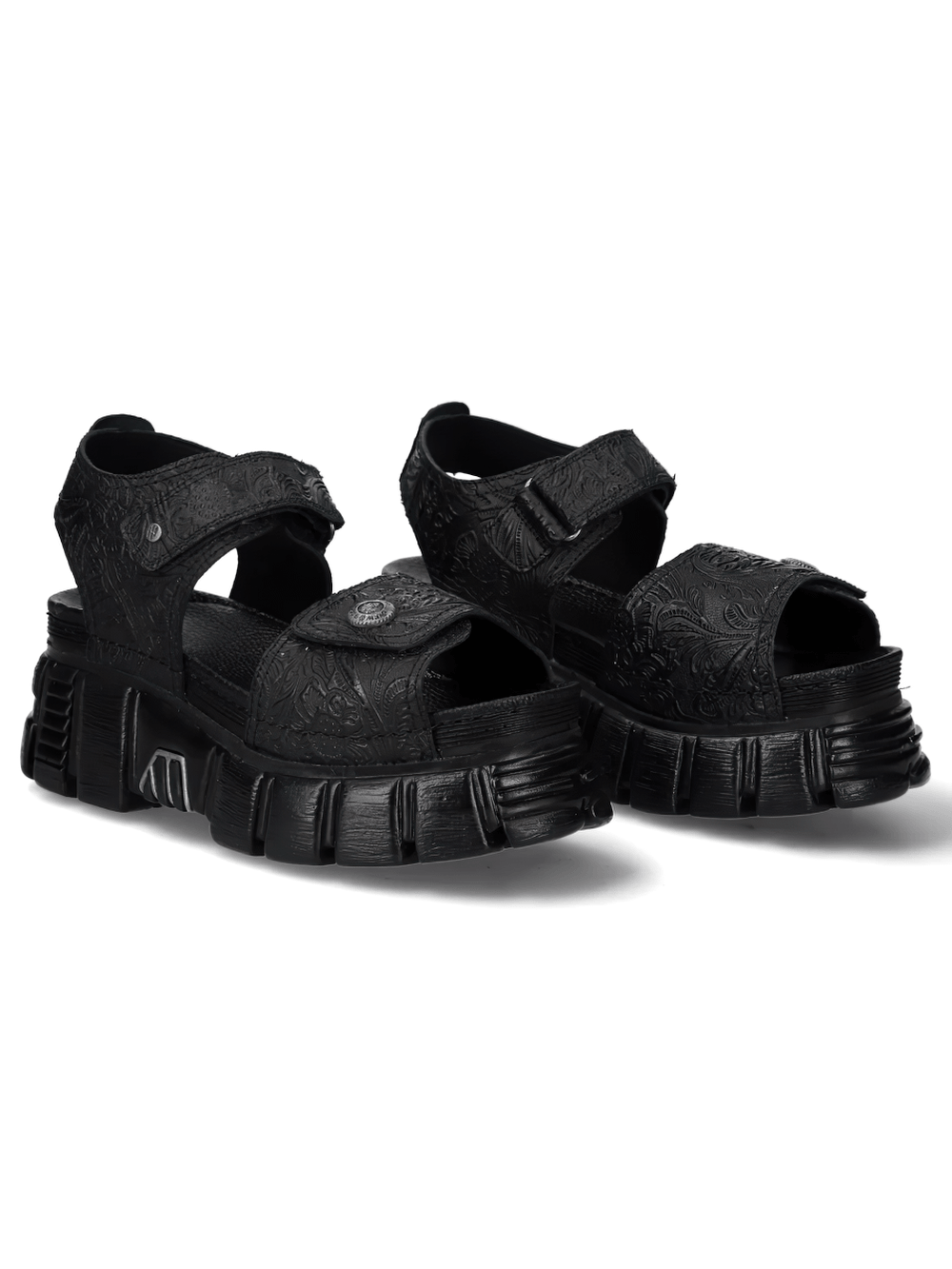 Alt Tag: NEW ROCK Platform Sandals with Embossed Punk Strap Style black gothic chunky platform sandals embossed straps oversized tread sole