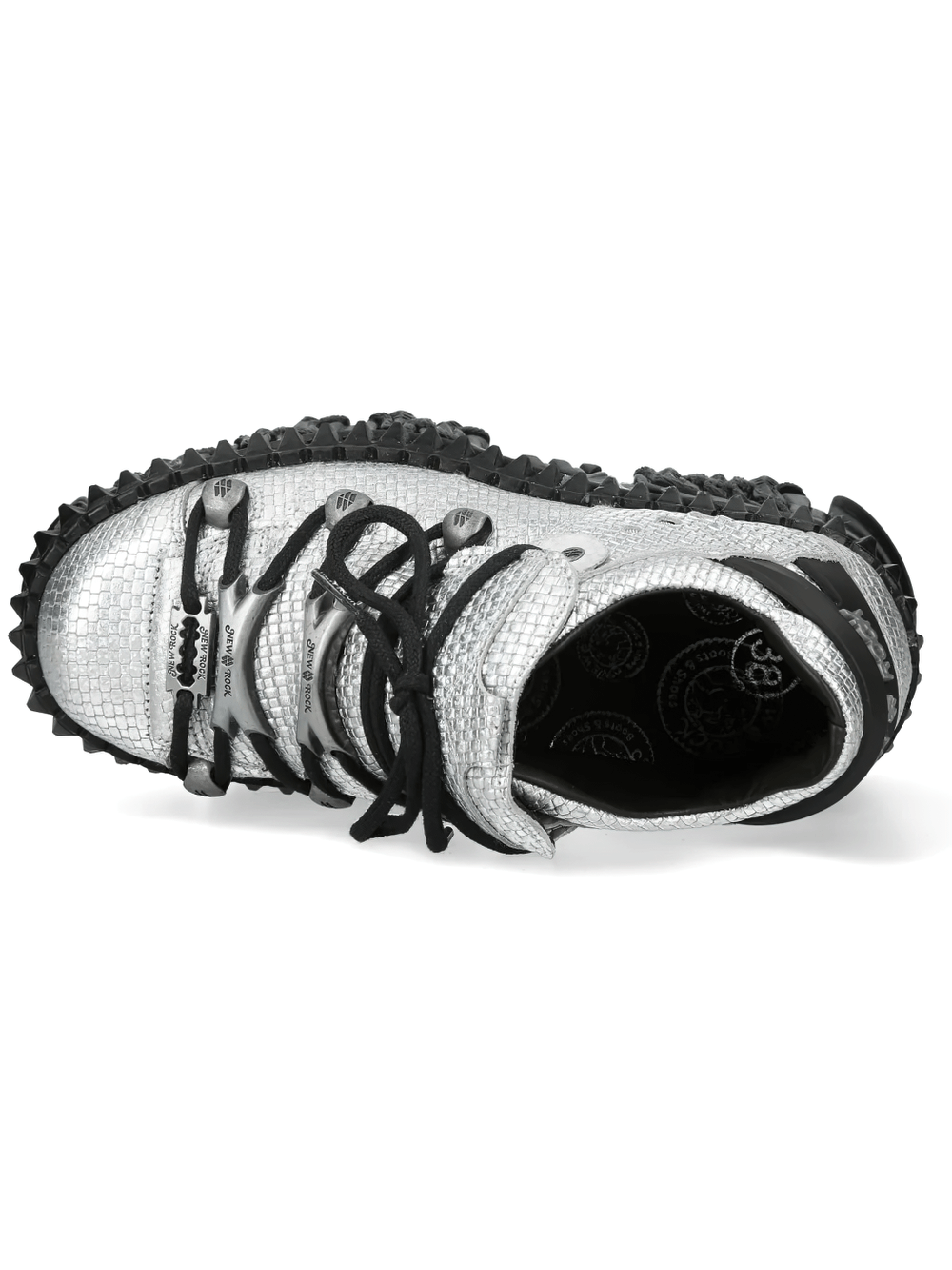 Alt Tag: NEW ROCK Platform Shoes with Flame Sole and Lace Design silver and black low-top gothic platform sneaker with sculpted tread