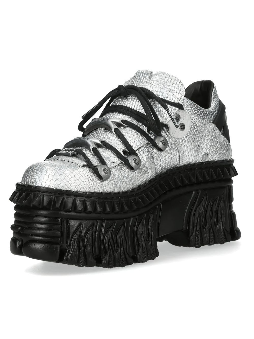 Alt Tag: NEW ROCK Platform Shoes with Flame Sole and Lace Design silver black low-top gothic sneakers, metal lace hardware, sculpted tread