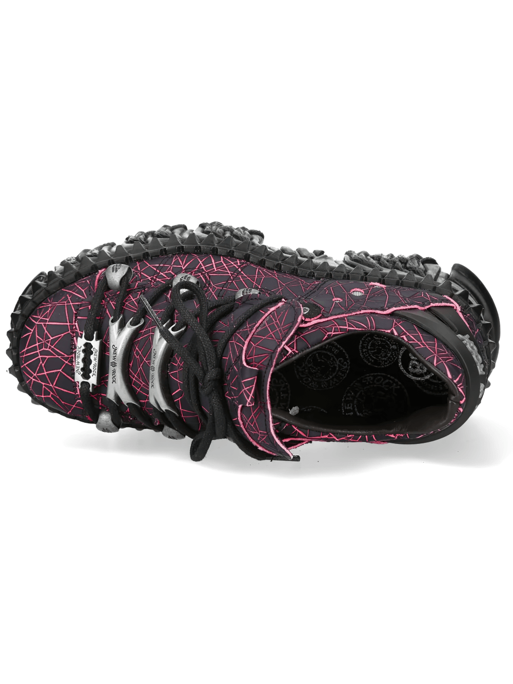 Alt Tag: NEW ROCK Platform Shoes with Flame Sole and Line Patterns, black low-top with vivid pink line print and chunky sculpted sole