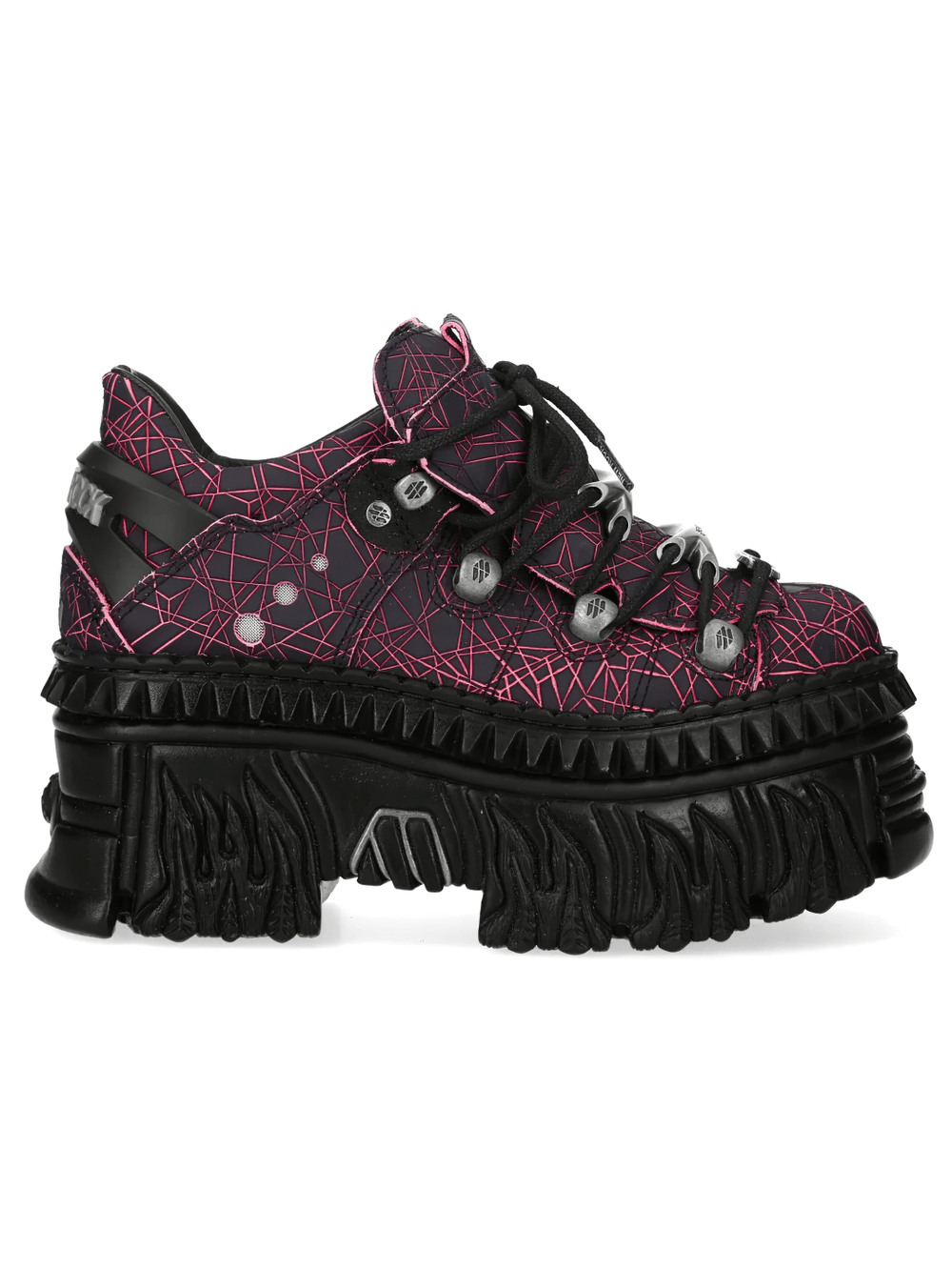 Alt Tag: NEW ROCK Platform Shoes with Flame Sole and Line Patterns black low-top with pink line print, chunky flame sole, metallic lace hardware