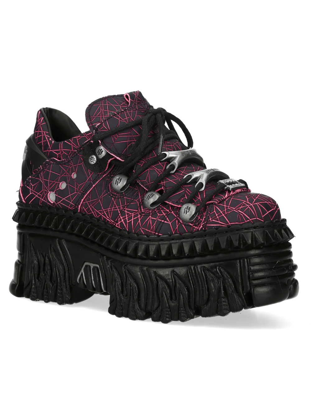 Alt Tag: NEW ROCK Platform Shoes with Flame Sole and Line Patterns black platform shoe with pink line pattern and chunky flame sole