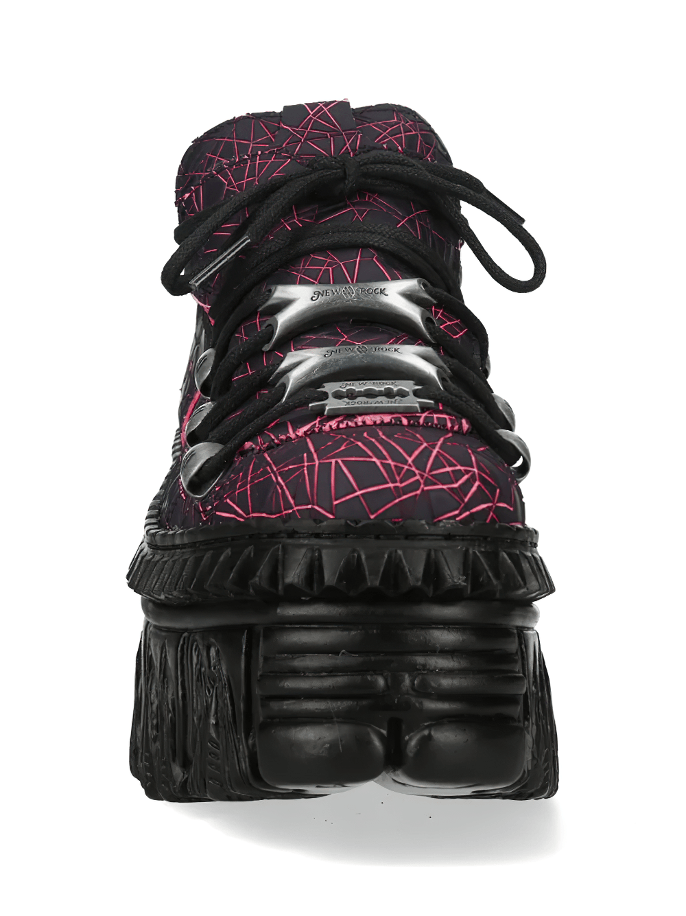 Alt Tag: NEW ROCK Platform Shoes with Flame Sole and Line Patterns front view black gothic platform shoe with pink line print chunky flame sole