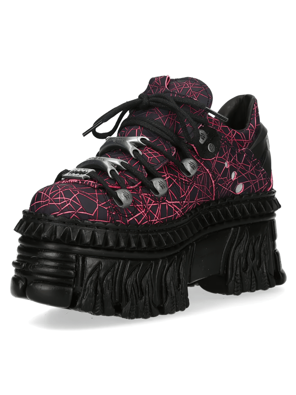 Alt Tag: NEW ROCK Platform Shoes with Flame Sole and Line Patterns black low-top platforms with pink line print, metallic eyelets, chunky flame sole