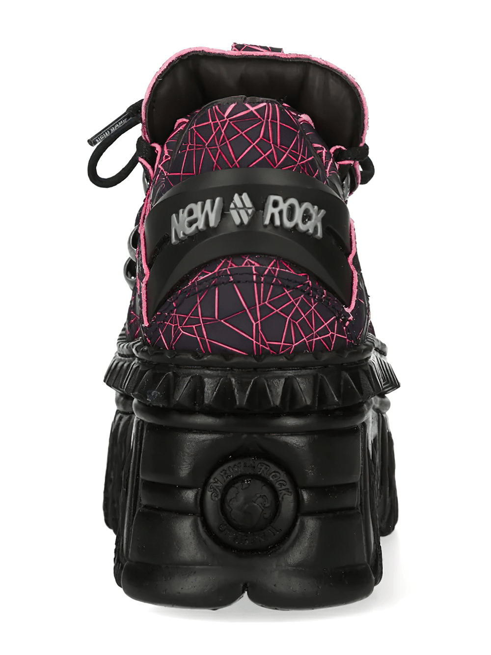 Alt Tag: NEW ROCK Platform Shoes with Flame Sole and Line Patterns rear view black platform sneaker with pink line print and chunky sole