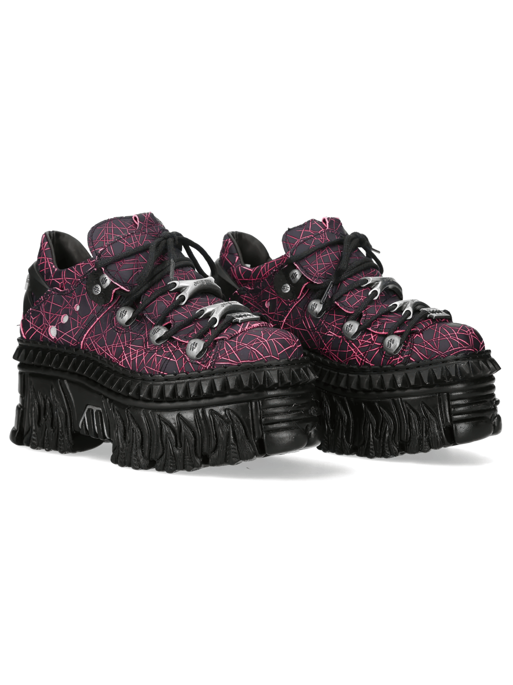 Alt Tag: NEW ROCK Platform Shoes with Flame Sole and Line Patterns, black punk low-top platforms with pink line print and chunky flame sole