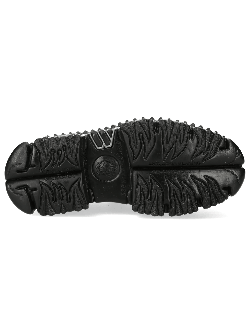 Alt Tag: NEW ROCK Platform Shoes with Flame Sole and Line Patterns outsole view, sculpted flame tread on black chunky platform sole