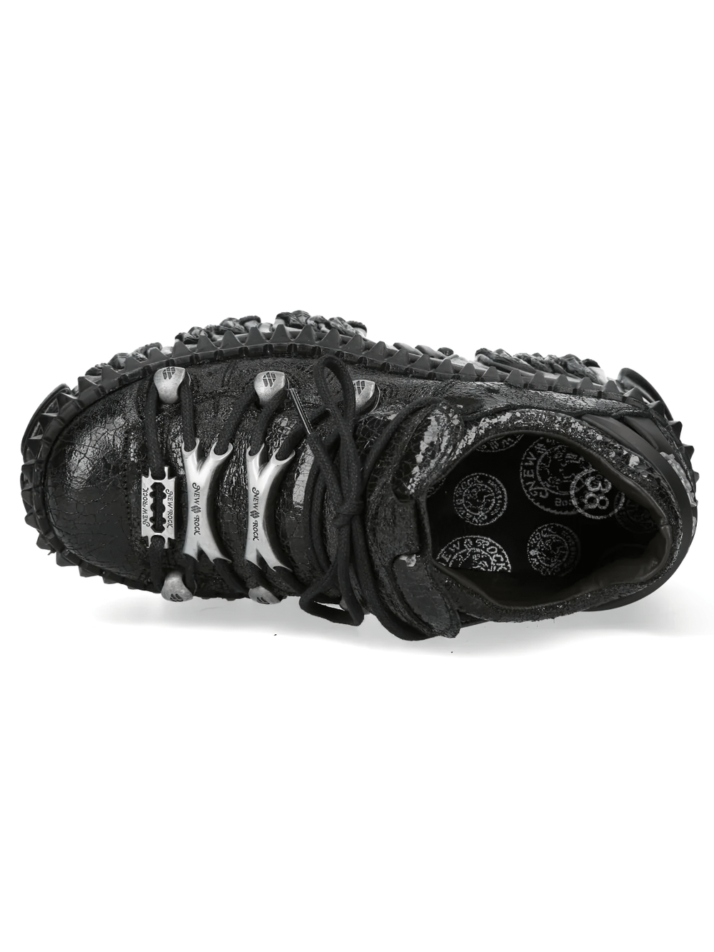 Alt Tag: NEW ROCK Platform Shoes with Flame Sole and Tread Detail black punk gothic sneaker top view with flame lace hardware and chunky tread