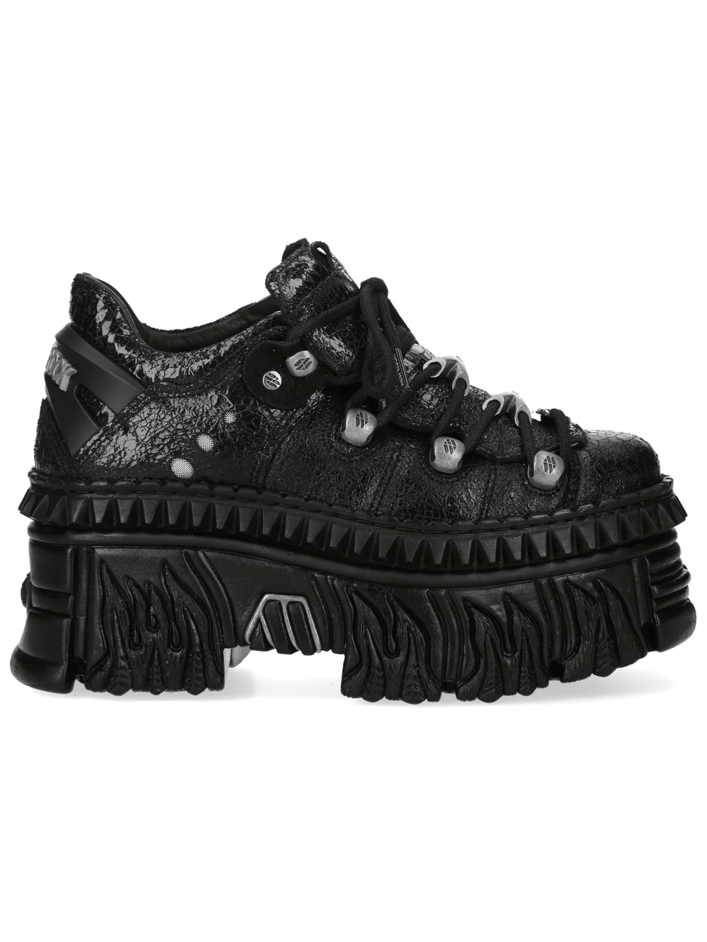 Alt Tag: NEW ROCK Platform Shoes with Flame Sole and Tread Detail black punk low-top sneakers with sculpted flame tread sole