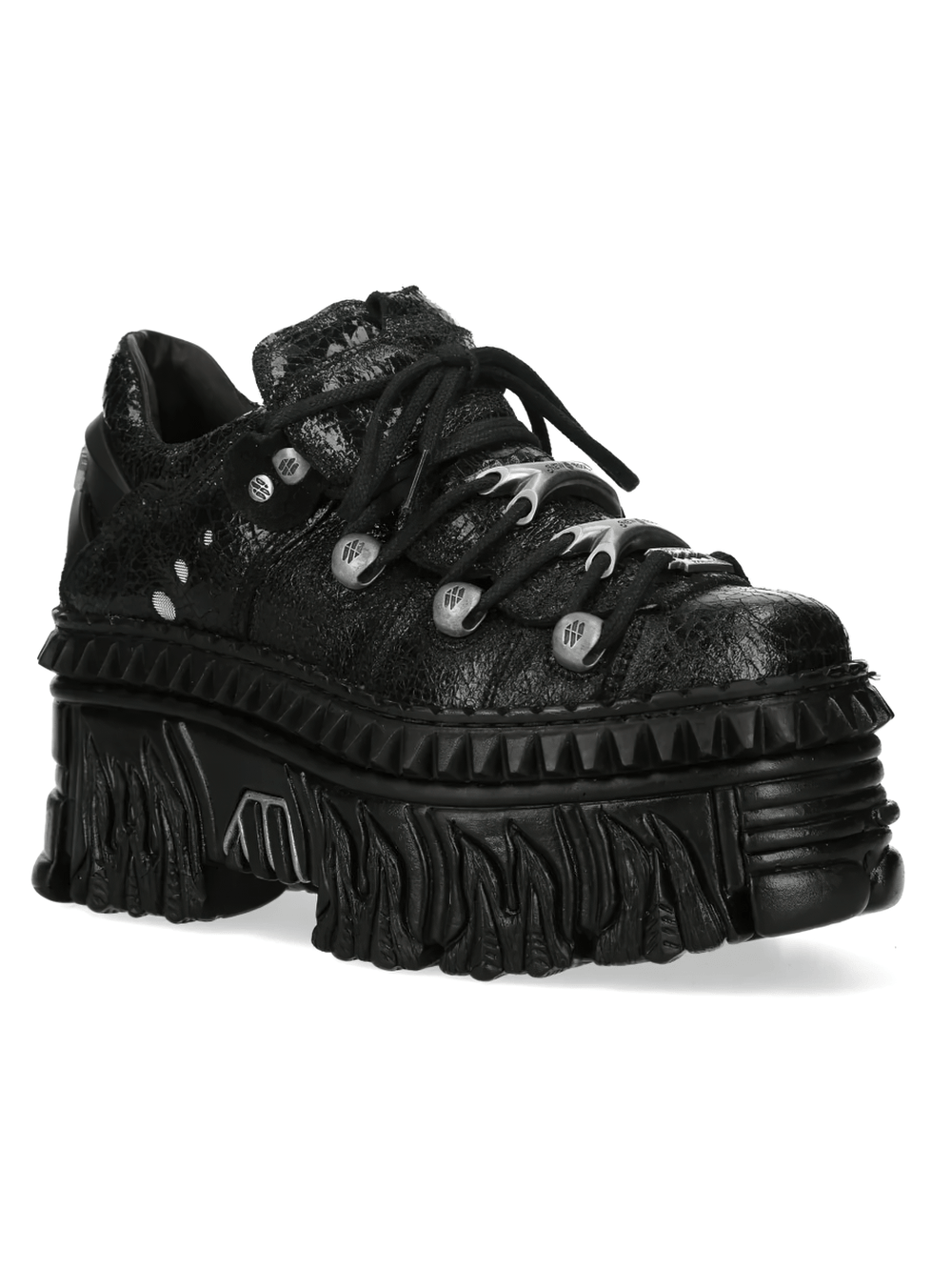 Alt Tag: NEW ROCK Platform Shoes with Flame Sole and Tread Detail black punk gothic platform sneaker with sculpted flame tread sole