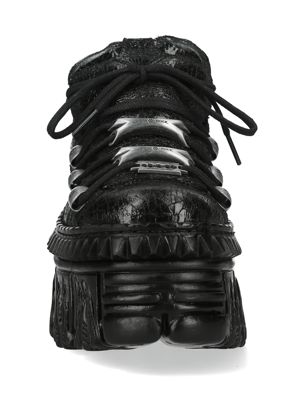 Alt Tag: NEW ROCK Platform Shoes with Flame Sole and Tread Detail black gothic punk platform sneaker front view with chunky sculpted tread