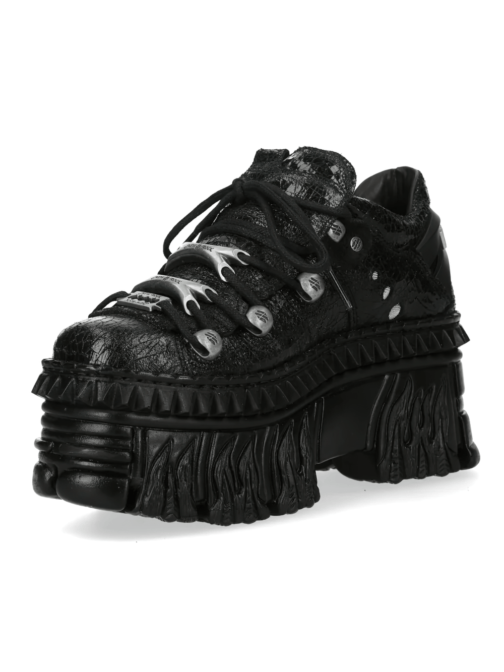 Alt Tag: NEW ROCK Platform Shoes with Flame Sole and Tread Detail black punk gothic low-top sneakers, sculpted flame sole, chunky tread