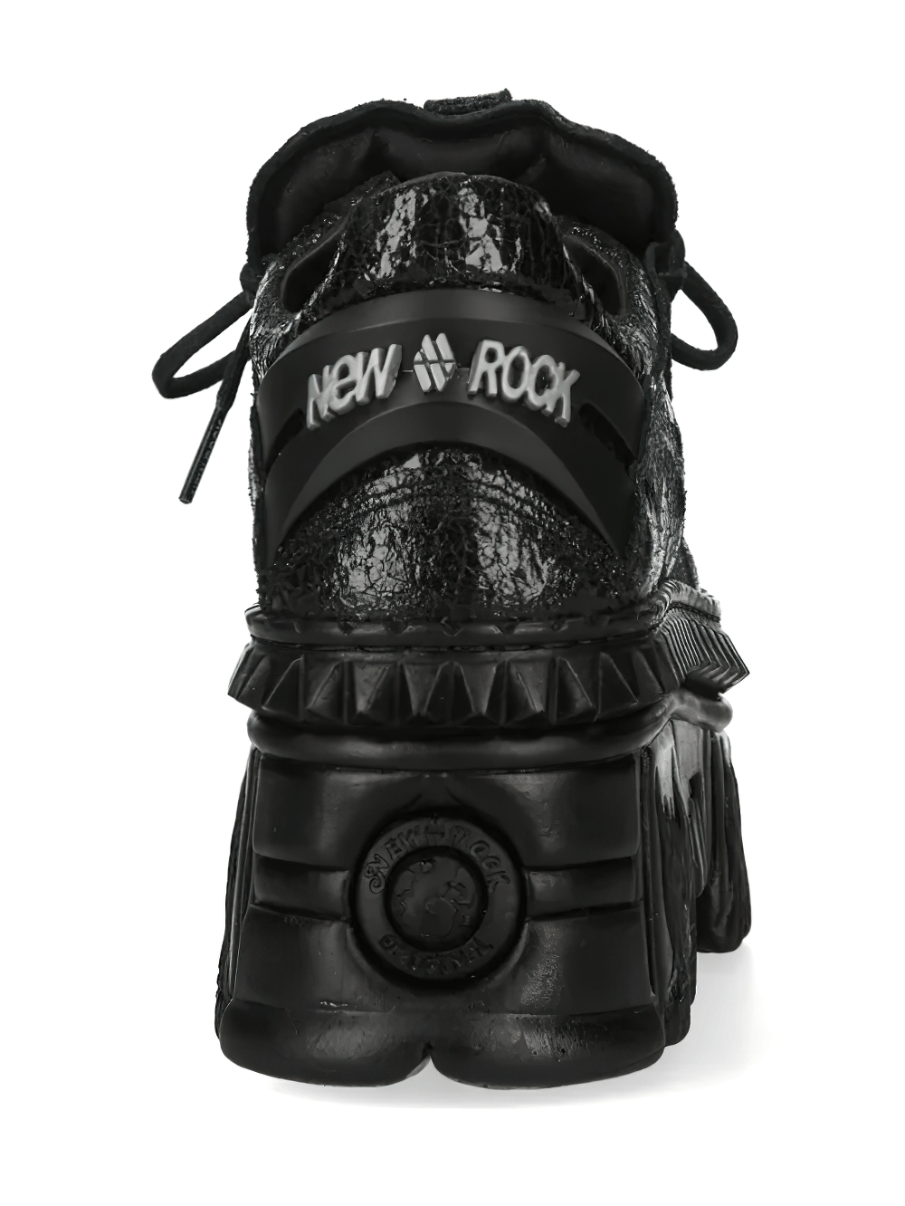 Alt Tag: NEW ROCK Platform Shoes with Flame Sole and Tread Detail black punk gothic platform sneaker heel view, chunky sculpted sole