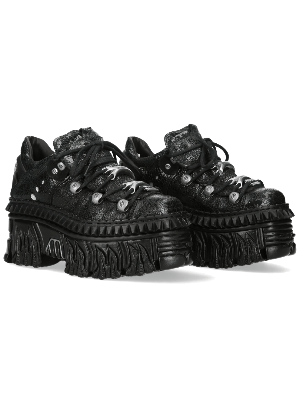 Alt Tag: NEW ROCK Platform Shoes with Flame Sole and Tread Detail black punk gothic sneakers with sculpted flame tread and chunky platform sole