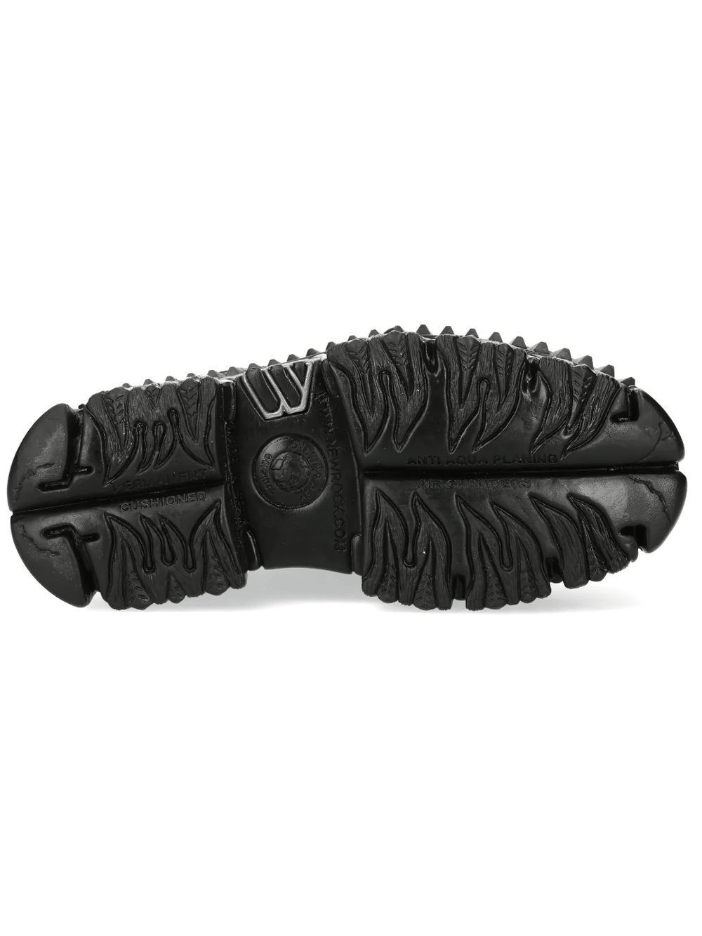 Alt Tag: NEW ROCK Platform Shoes with Flame Sole and Tread Detail outsole view, sculpted flame tread and chunky black platform sole