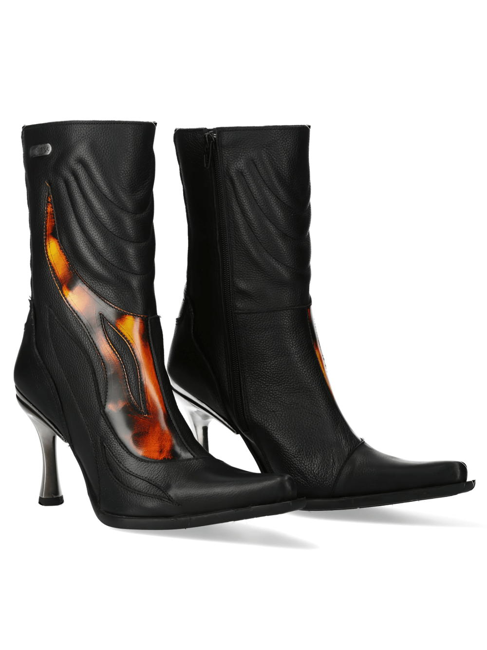 NEW ROCK Black Leather Heeled Boots with Flame Design for a bold punk style. Perfect blend of goth and metallic vibes.